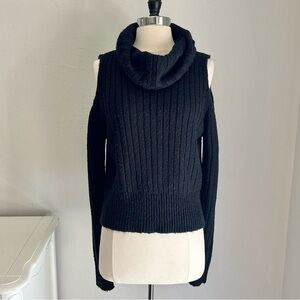 Black Ribbed Knit Cowl Turtleneck Cold Shoulder Long Sleeve Sweater, Large